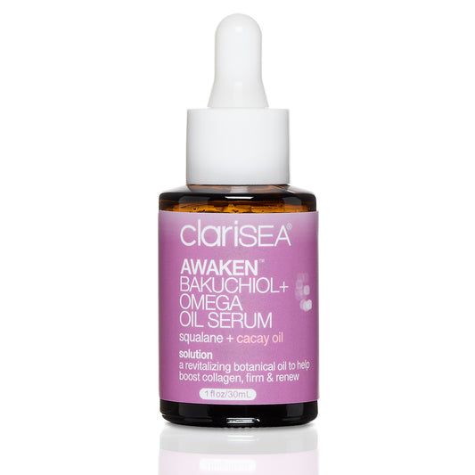 clariSEA Awaken Bakuchiol + Omega Oil Serum, 1 oz amber glass bottle with squalane and cacay oil. A revitalizing botanical oil to help boost collagen, firm & renew.