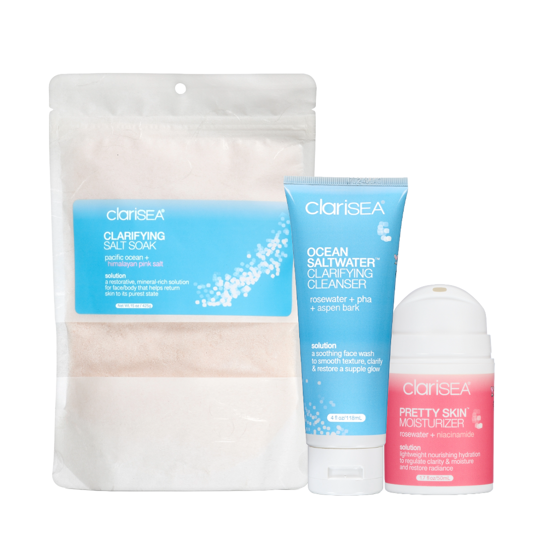 clariSEA Skincare Set with the Clarifying Salt Soak 15 oz compostable bag, Ocean Saltwater Clarifying Cleanser 4 oz tube, Pretty Skin Moisturizer 1.7 oz airless bottle, to smooth texture, clarify pores, and restore a healthy, glowing complexion.