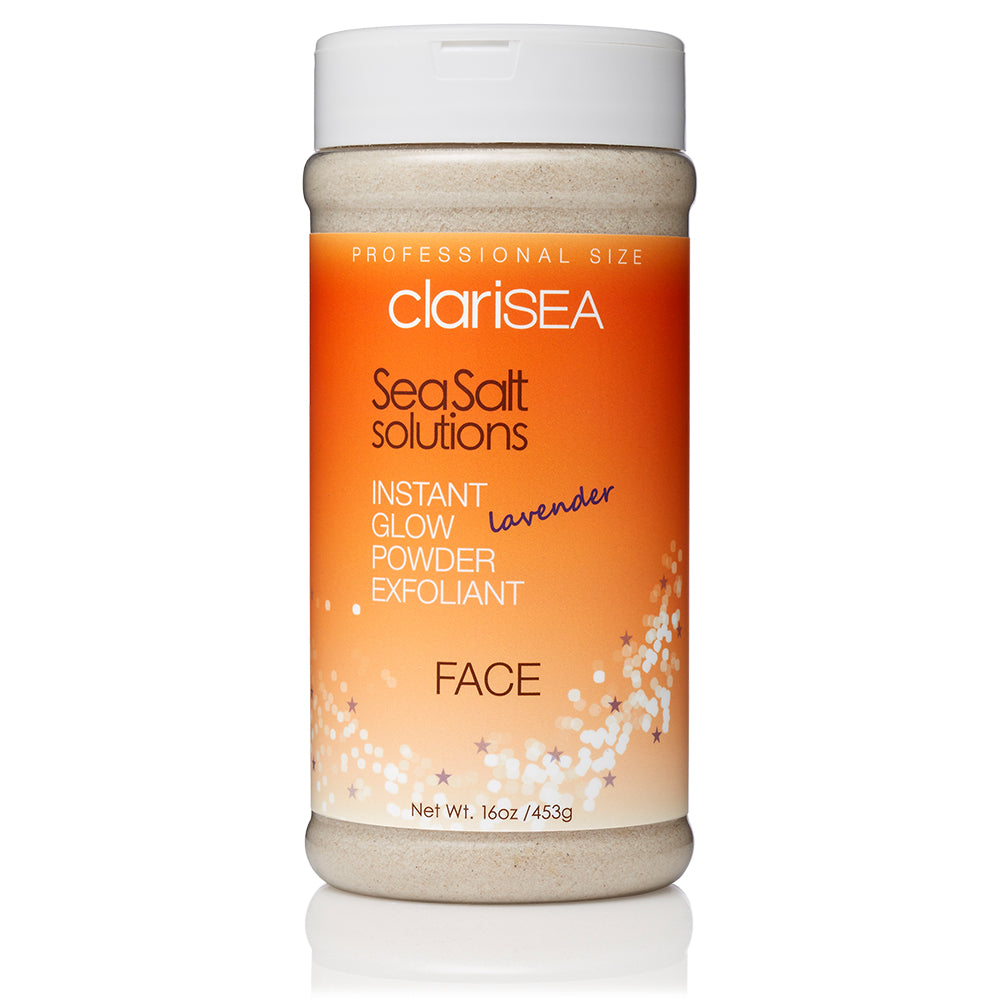 clariSEA Instant Glow Powder Exfoliant-Lavender, 16 oz Pro Size plastic jar and sifter top with powdered sea salt, almond flour and lavender flower powder.