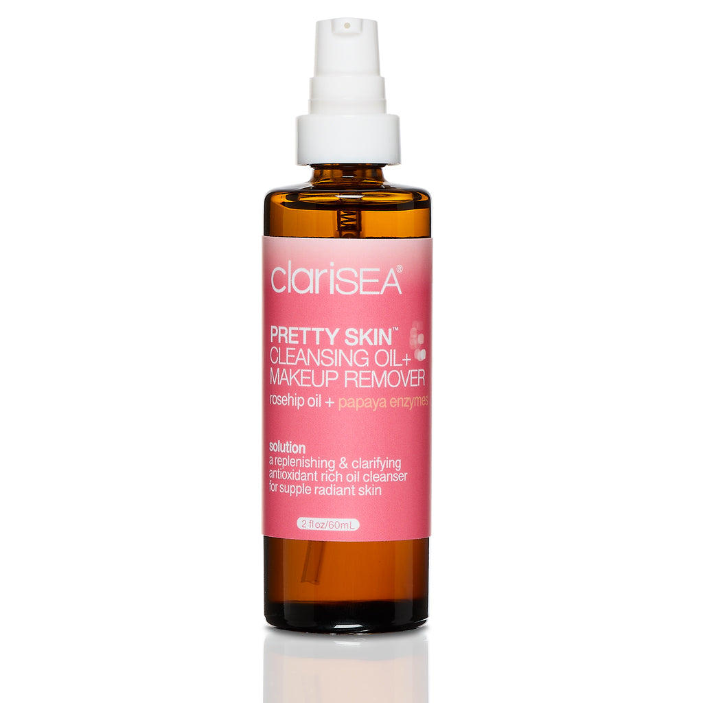 clariSEA Pretty Skin Cleansing Oil & Makeup Remover, 2 oz amber glass bottle and pump cap with organic rosehip oil and papaya extract. Replenishing and clarifying antioxidant rich oil cleanser for supple radiant skin.