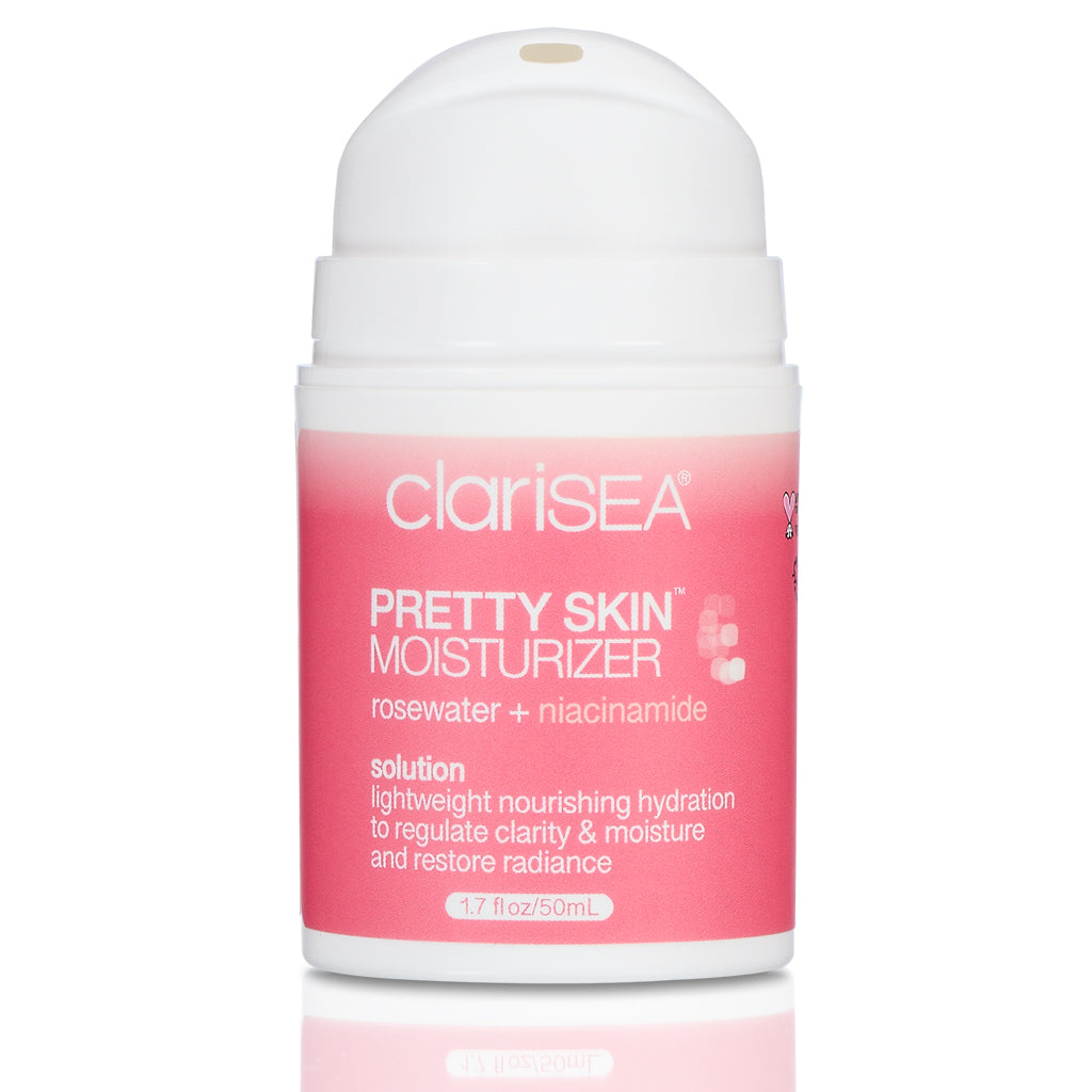 clariSEA Pretty Skin Moisturizer, 1.7 oz airless bottle with rosewater and niacinamide. Lightweight nourishing hydration to regulate clarity and moisture and restore radiance. With a lighter hue.