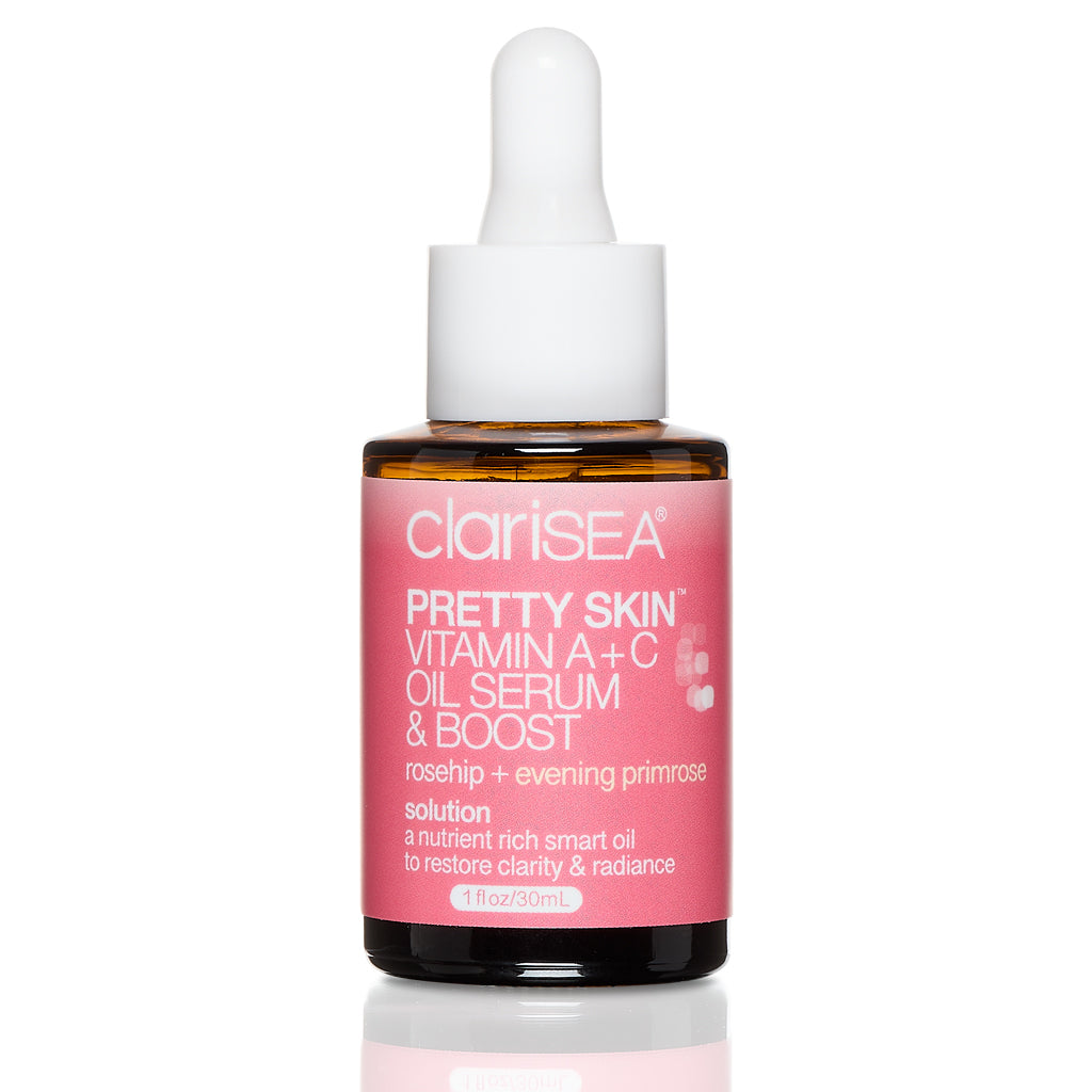 clariSEA Pretty Skin Vitamin A and Vitamin C Oil Serum & Boost, 1 oz amber glass bottle with rosehip and evening primrose. A nutrient rich smart oil to restore clarity and radiance. Dropper top.