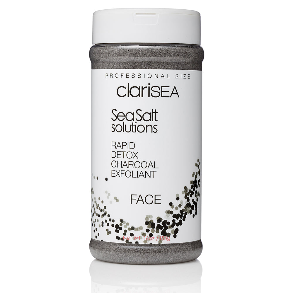 clariSEA Rapid Detox Charcoal Exfoliant Pro Size, 16 oz plastic jar and sifter top with powdered sea salt, almond flour and activated bamboo charcoal.