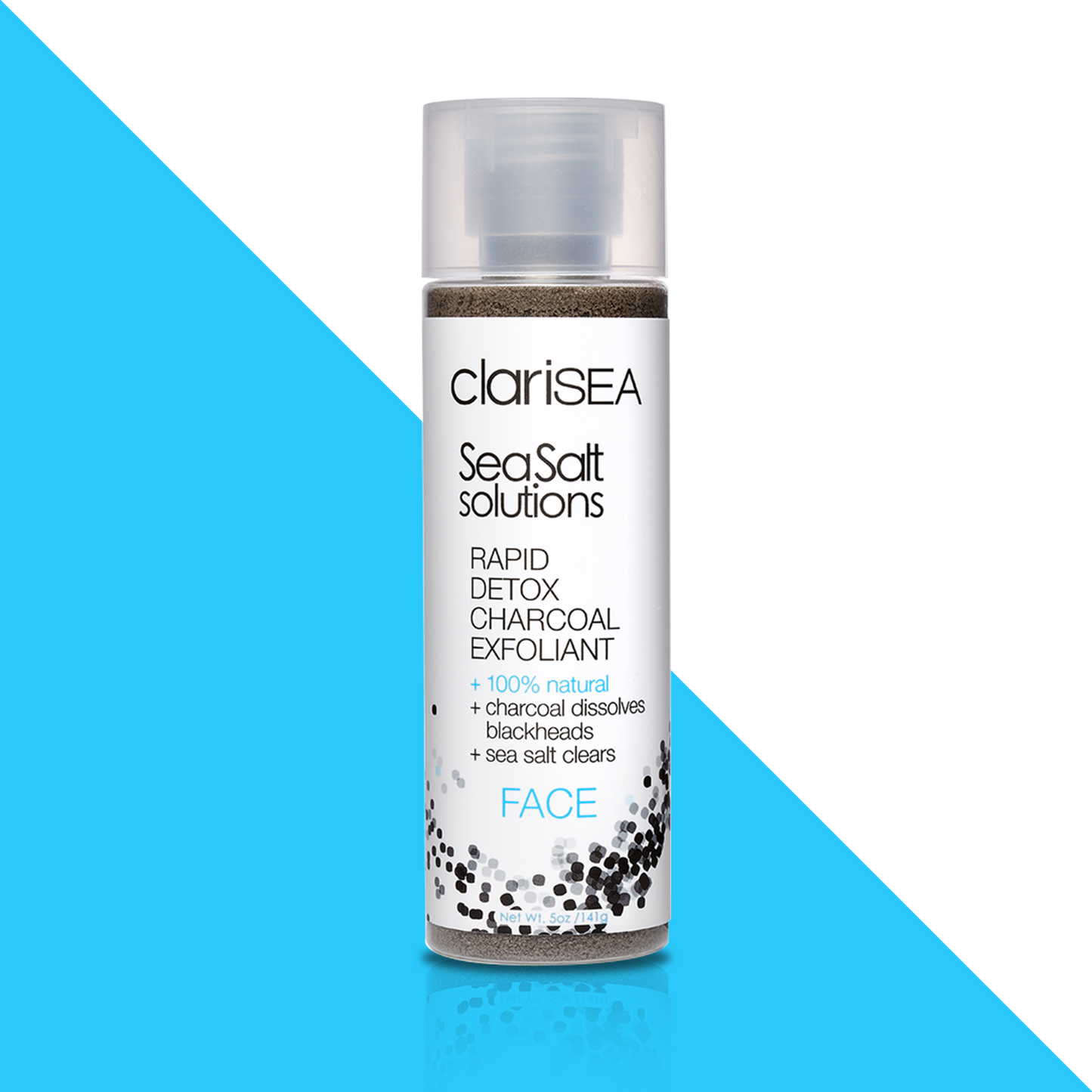 clariSEA Rapid Detox Charcoal Exfoliant lifestyle image with 5 oz bottle and abstract blue and white diagonal background.