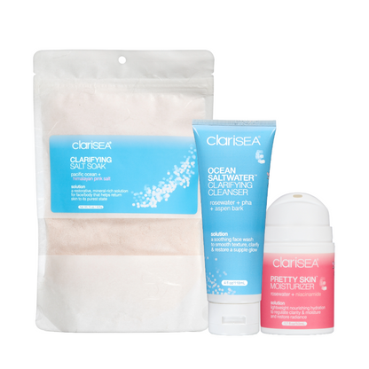 clariSEA Skincare Set with the Clarifying Salt Soak 15 oz compostable bag, Ocean Saltwater Clarifying Cleanser 4 oz tube, Pretty Skin Moisturizer 1.7 oz airless bottle, to smooth texture, clarify pores, and restore a healthy, glowing complexion.