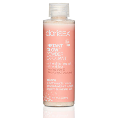 clariSEA Instant Glow Powder Exfoliant, 5 oz bottle with mineral rich sea salt, almond flour, orange peel and licorice root powders. Customizable nutrient powered exfoliant to clarify, brighten and revitalize skin.