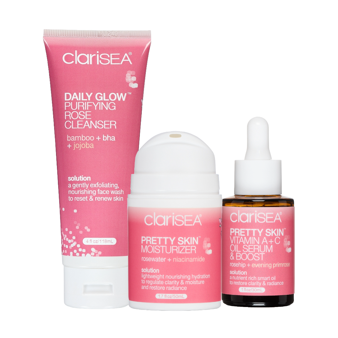 clariSEA Skincare Set with the Daily Glow Purifying Rose Cleanser 4 oz tube, Pretty Skin Moisturizer 1.7 oz airless bottle, Pretty Skin Vitamin A+C Oil Serum 1 oz glass bottle, to smooth texture, clarify pores, and restore a healthy, glowing complexion.
